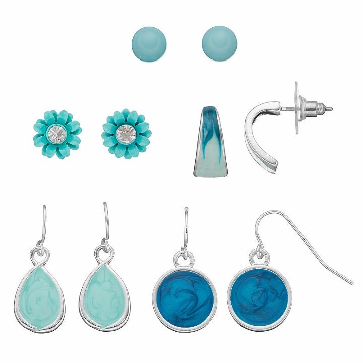 Aqua Flower & Marbled Earring Set, Women's, Turq/aqua
