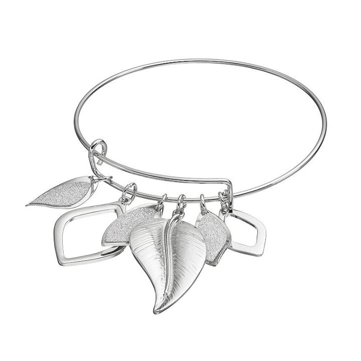 Glittery Textured Leaf Charm Adjustable Bangle Bracelet, Women's, Silver