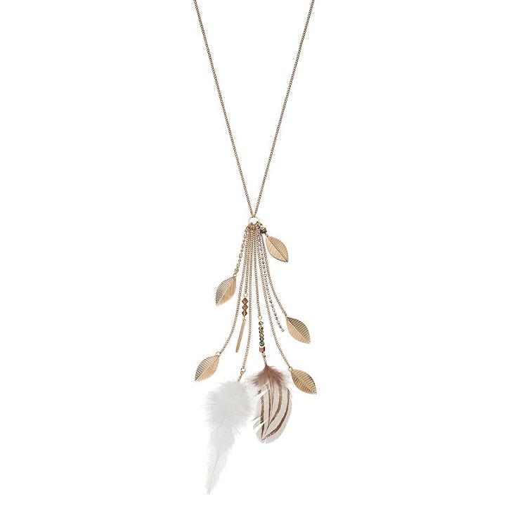 Feather & Leaf Fringe Necklace, Women's, Lt Brown