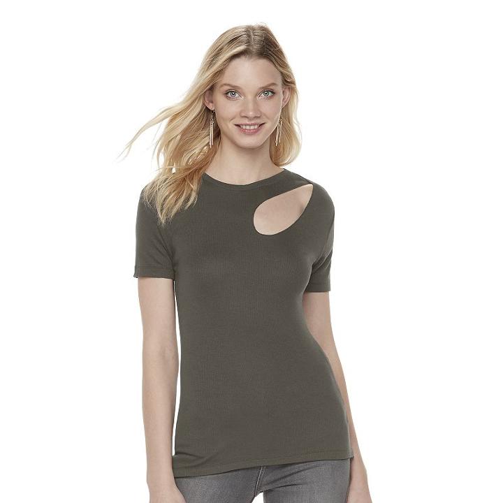 Women's Rock & Republic&reg; Ribbed Cutout Tee, Size: Large, Dark Green