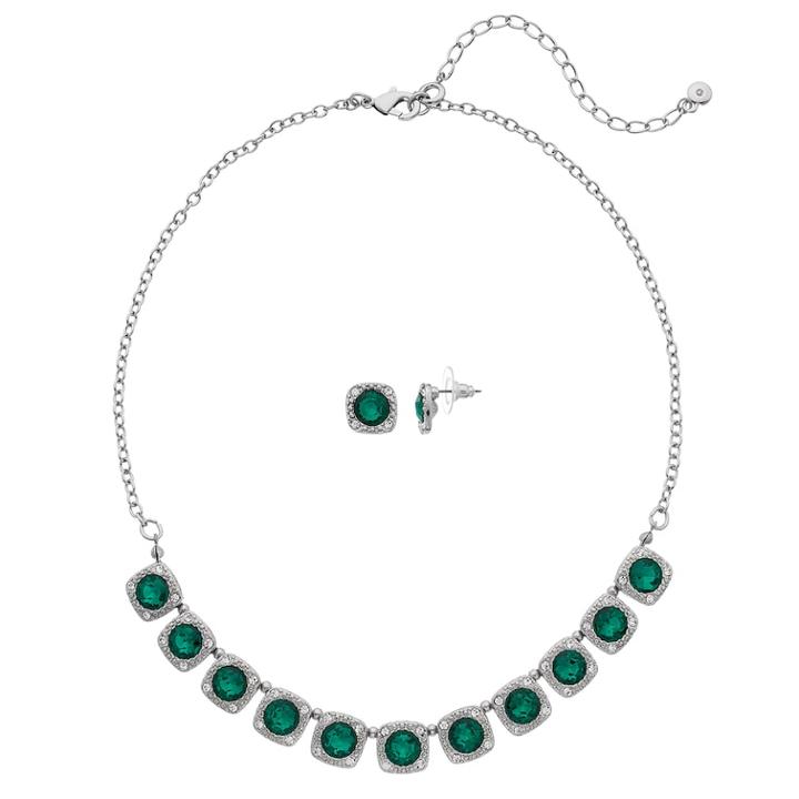 Simulated Crystal Square Halo Necklace & Stud Earring Set, Women's, Green