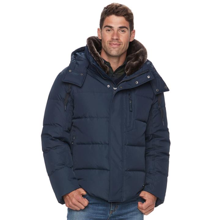 Men's Am Studio By Andrew Marc Down Faux-fur Hooded Jacket, Size: Xl, Dark Blue