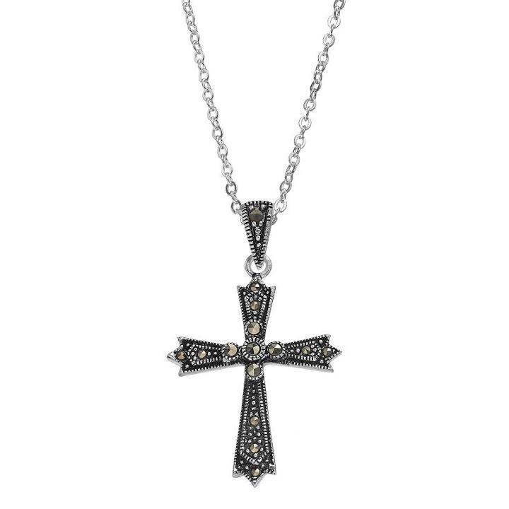 Silver Luxuries Marcasite Cross Pendant Necklace, Women's, Grey