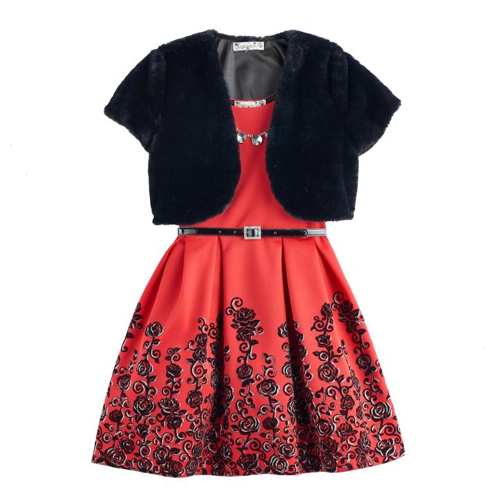 Girls 7-16 Knitworks Faux-fur Bolero & Belted Flocked Skater Dress With Necklace, Size: 16, Brt Red