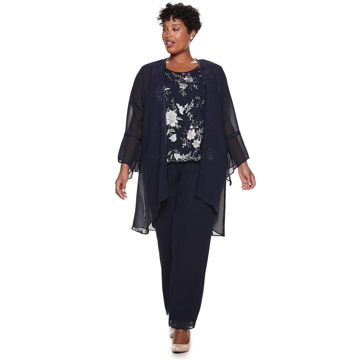 Plus Size Le Bos Embroidered Bell Sleeve Top, Cardigan & Pants Set, Women's, Size: 24 W, Blue (navy)