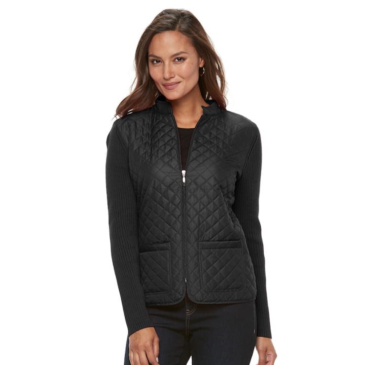 Women's Croft & Barrow&reg; Quilted Zip Sweater Jacket, Size: Large, Black