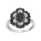 1 Carat T.w. Black And White Diamond Sterling Silver Flower Ring, Women's, Size: 6