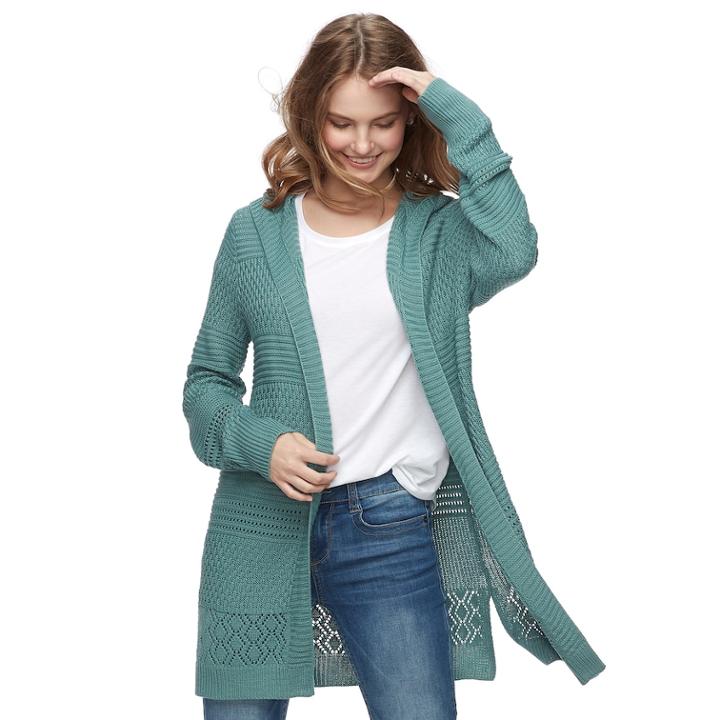 Juniors' Pink Republic Hooded Open-work Long Cardigan, Teens, Size: Medium, Green