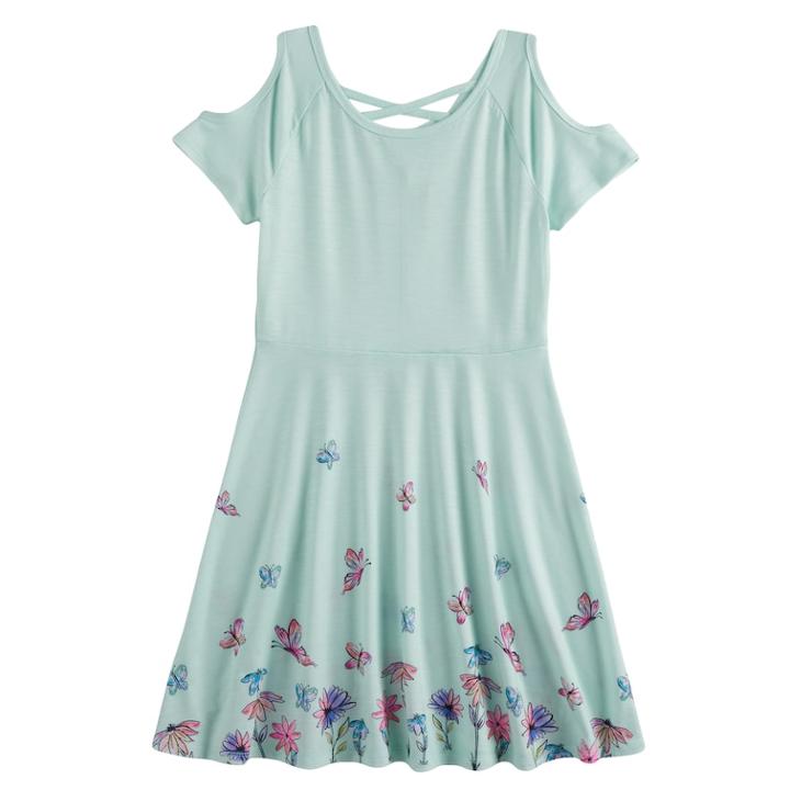 Girls 7-16 So&reg; Patterned Cold Shoulder Criss-cross Dress, Size: M/10, Light Blue
