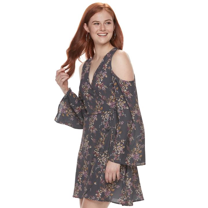 Juniors' Mason & Belle Floral Cold Shoulder Faux-wrap Dress, Teens, Size: Large, Grey