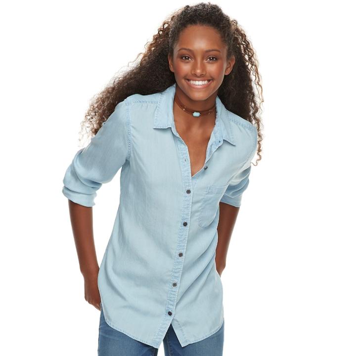 Juniors' So&reg; Chambray Button Down Shirt, Teens, Size: Small, Light Blue