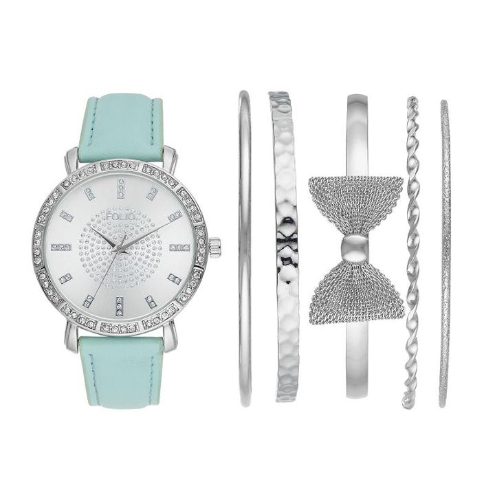 Folio Women's Crystal Watch & Bangle Bracelet Set, Size: Medium, Green