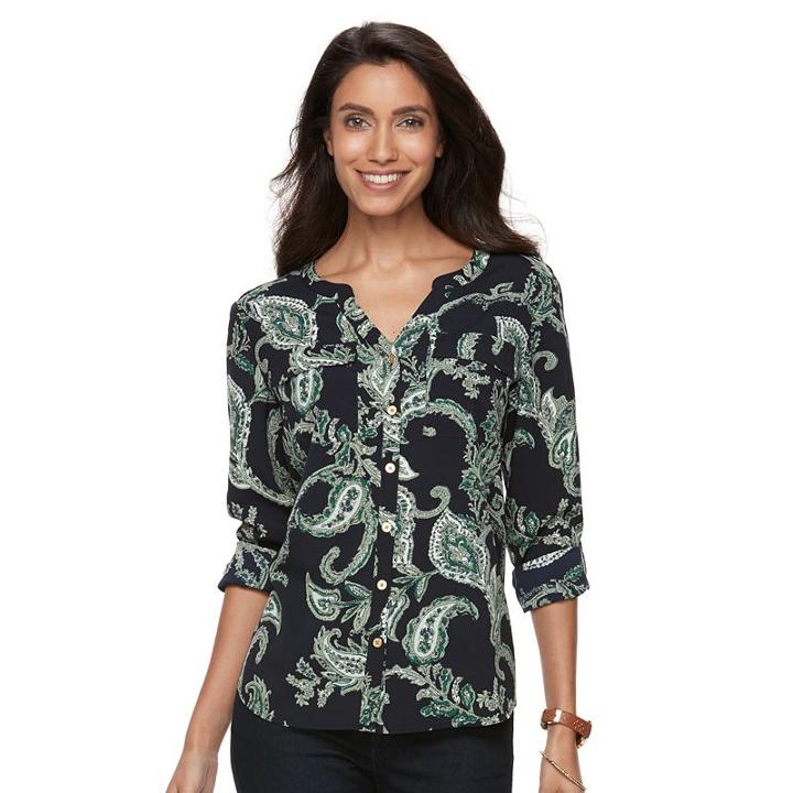 Petite Croft & Barrow&reg; Printed Crepe Shirt, Women's, Size: M Petite, Blue