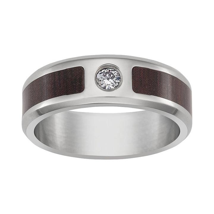 Cubic Zirconia Titanium And Wooden Band - Men, Size: 10, White