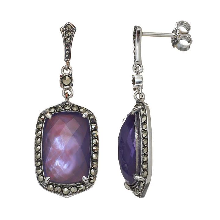 Lavish By Tjm Purple Mother-of-pearl Triplet Sterling Silver Halo Drop Earrings - Made With Swarovski Marcasite, Women's