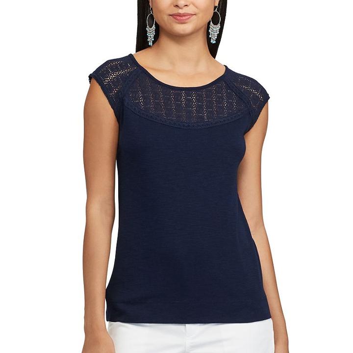 Women's Chaps Lace-trim Tee, Size: Xl, Blue (navy)