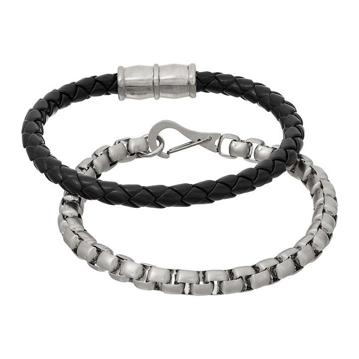 1913 Men's Stainless Steel Box Chain & Braided Black Leather Bracelet Set, Size: 8.5