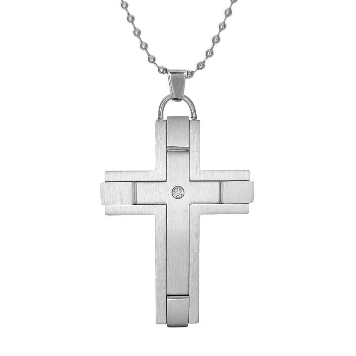 Lynx Men's Cubic Zirconia Stainless Steel Cross Pendant, Size: 22, Grey