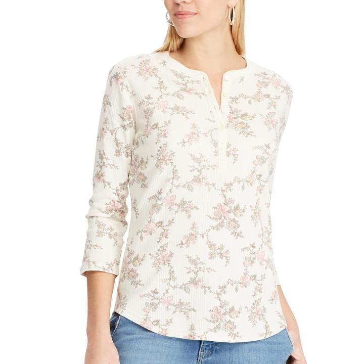 Women's Chaps Velvet Trim Henley, Size: Large, Lt Beige