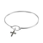 Silver Luxuries Silver Plated Marcasite Cross Charm Bangle Bracelet, Women's, Grey
