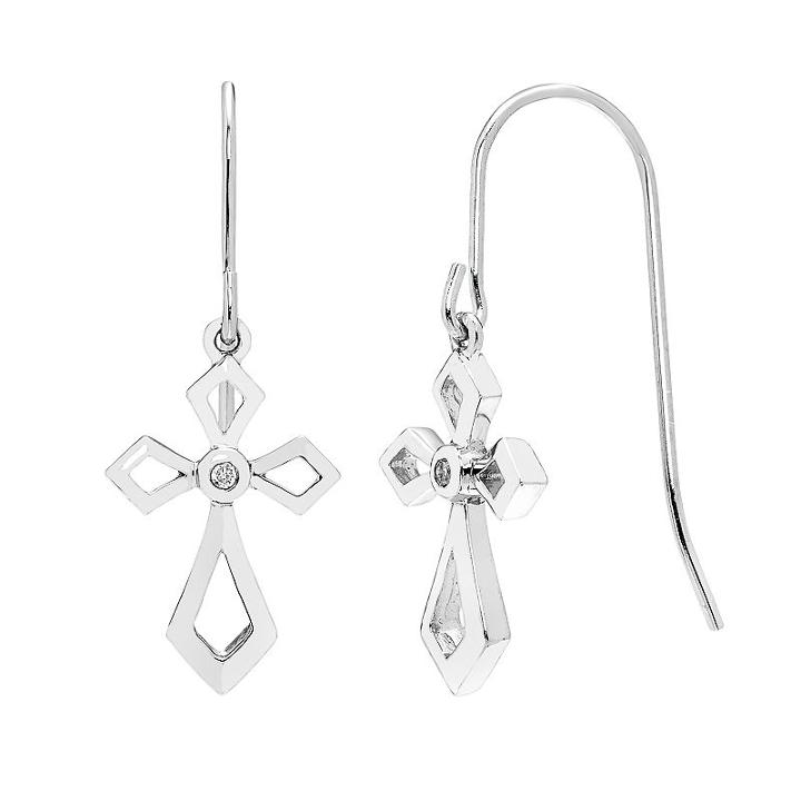 Sterling Silver Diamond Accent Cross Drop Earrings, Women's, White