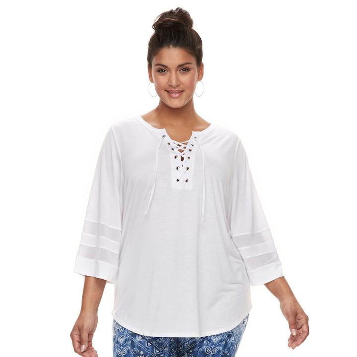 Plus Size French Laundry Lace-up Mesh Top, Women's, Size: 3xl, White