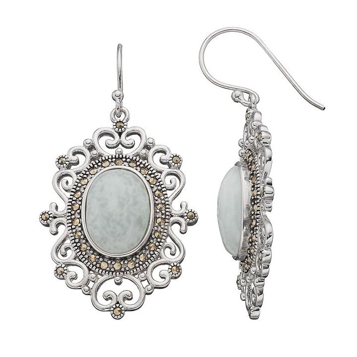 Silver Plated Jade & Marcasite Oval Filigree Drop Earrings, Women's, Green