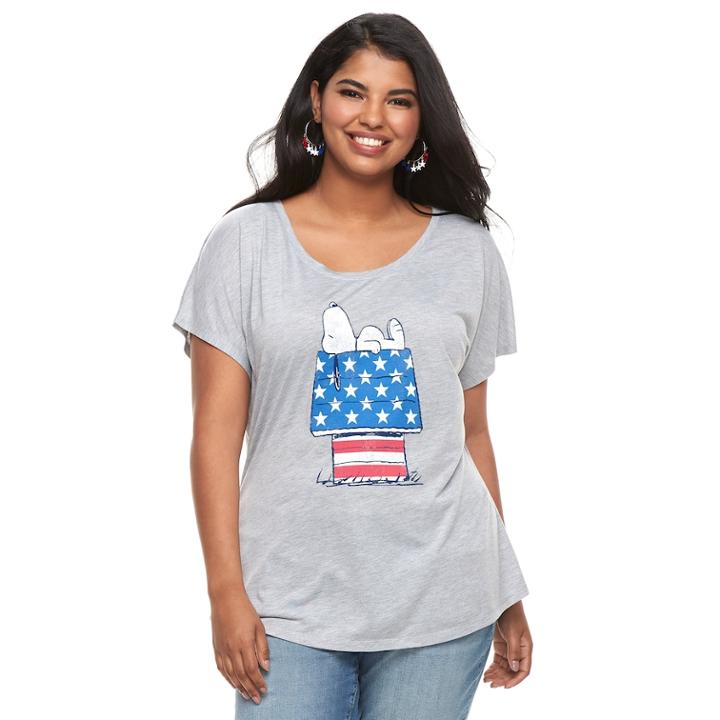 Juniors' Plus Size Peanuts Snoopy Flag Tee, Size: 3xl, Med Grey