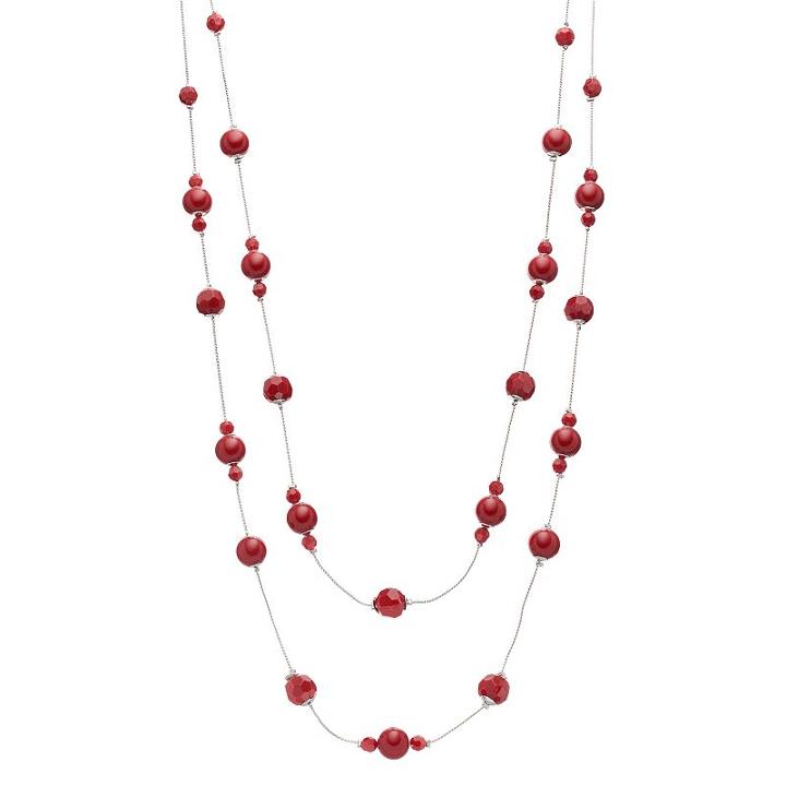 Red Bead Long Double Strand Station Necklace, Women's, Med Red