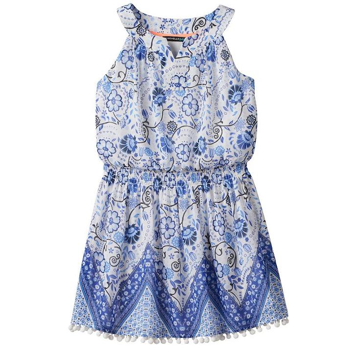 Girls 7-16 My Michelle Patterned Pom-pom Trim Dress, Girl's, Size: 7, White Oth