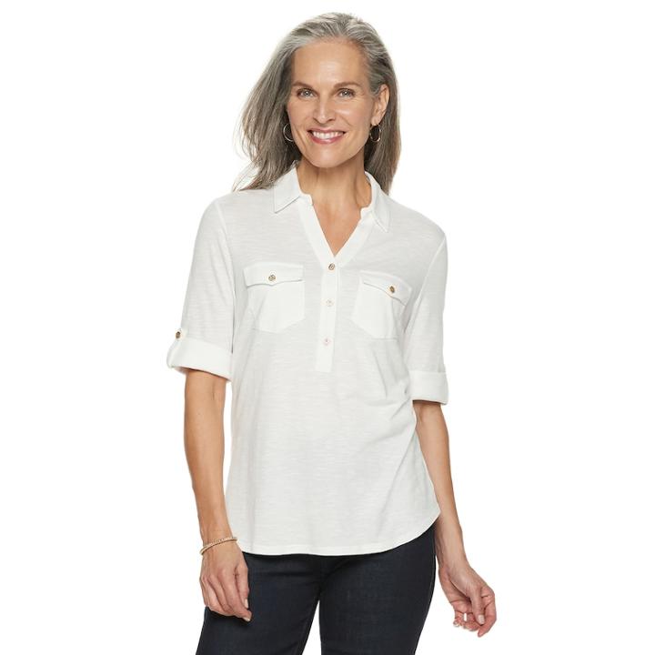 Women's Croft & Barrow&reg; Slubbed Roll-tab Shirt, Size: Xl, White
