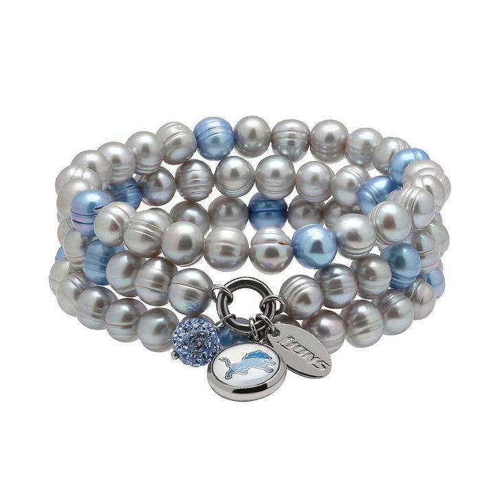 Detroit Lions Dyed Freshwater Cultured Pearl Team Logo Charm Stretch Bracelet Set, Women's, Grey