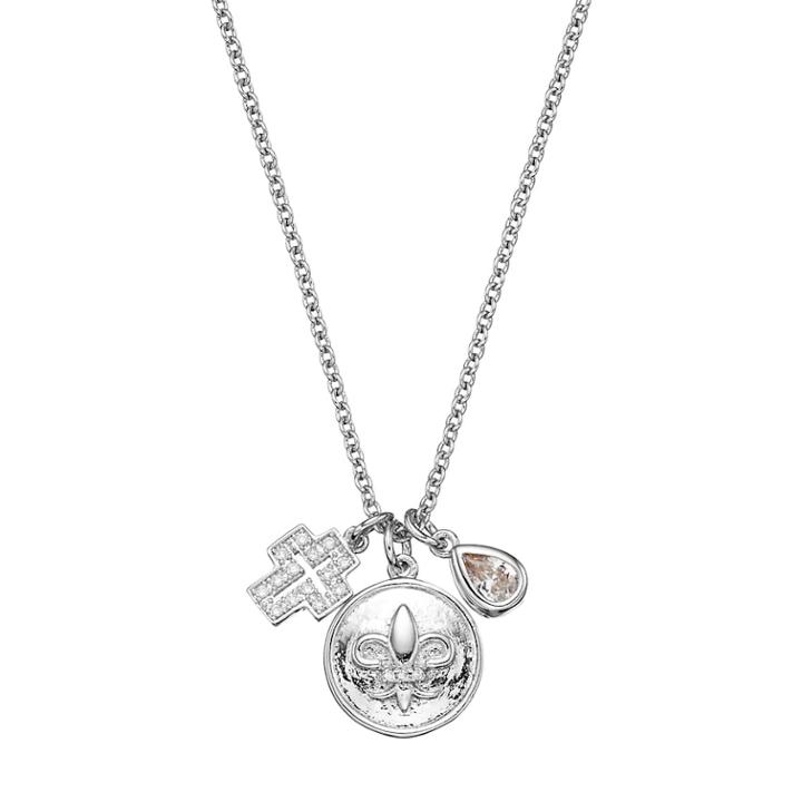 18k White Gold-plated Cubic Zirconia Fleur-de-lis Disc & Cross Charm Pendant Necklace, Women's