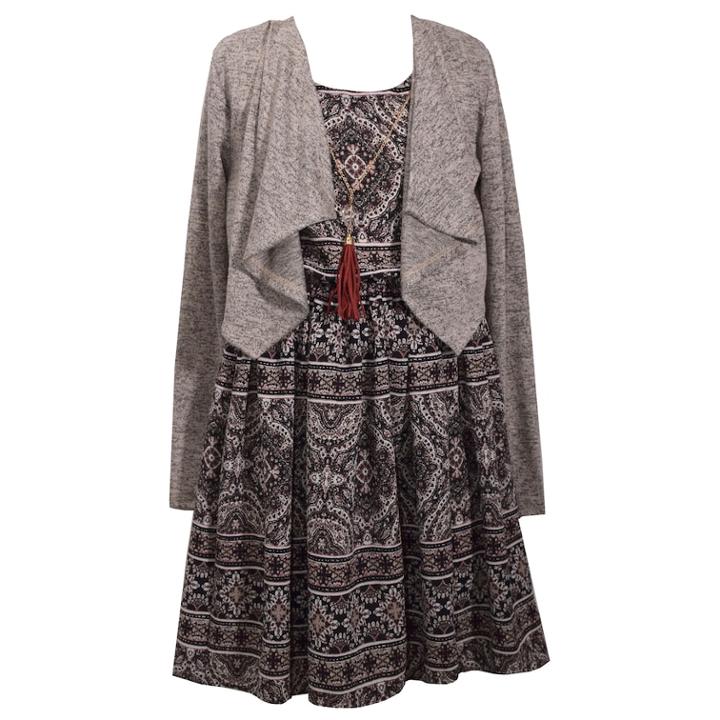 Girls 7-16 Bonnie Jean Printed Dress & Draped Cardigan Set With Necklace, Size: 12, Beig/green (beig/khaki)