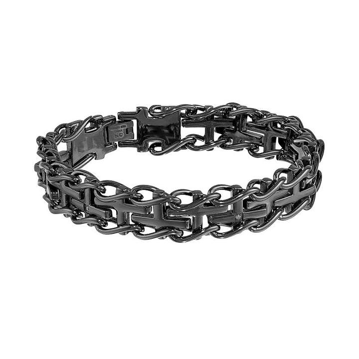 Lynx Black Ion-plated Stainless Steel Diamond Accent Sideways Cross Railroad Bracelet - Men, Size: 8.5