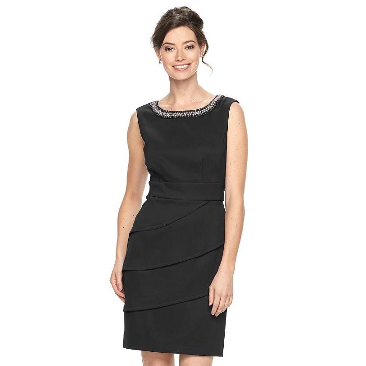 Women's Connected Apparel Tiered Embellished Sheath Dress, Size: 14, Black