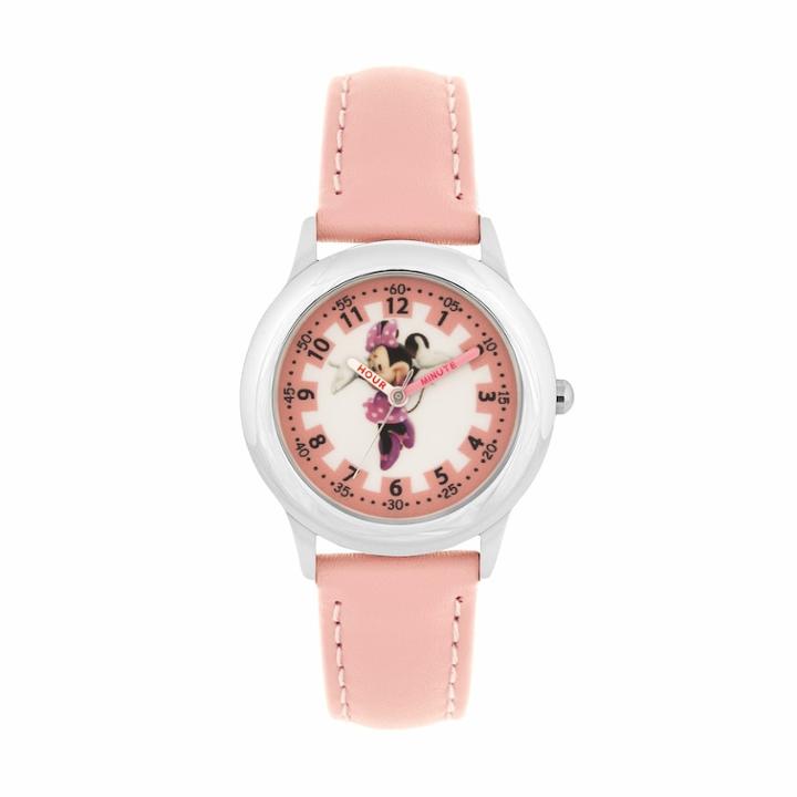 Disney's Minnie Mouse Kids' Leather Time Teacher Watch, Girl's, Size: Medium, Pink