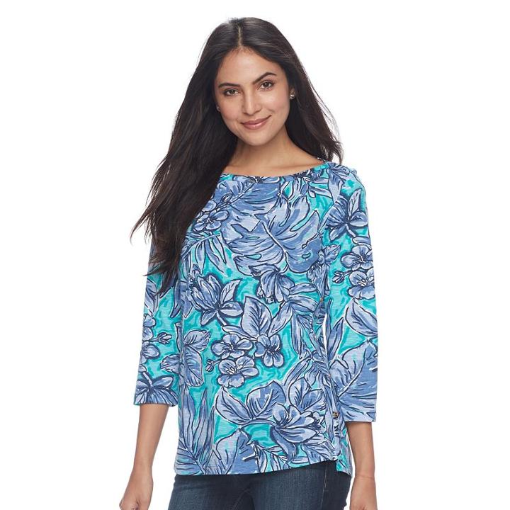 Women's Caribbean Joe Floral Vented Tee, Size: Large, Light Blue