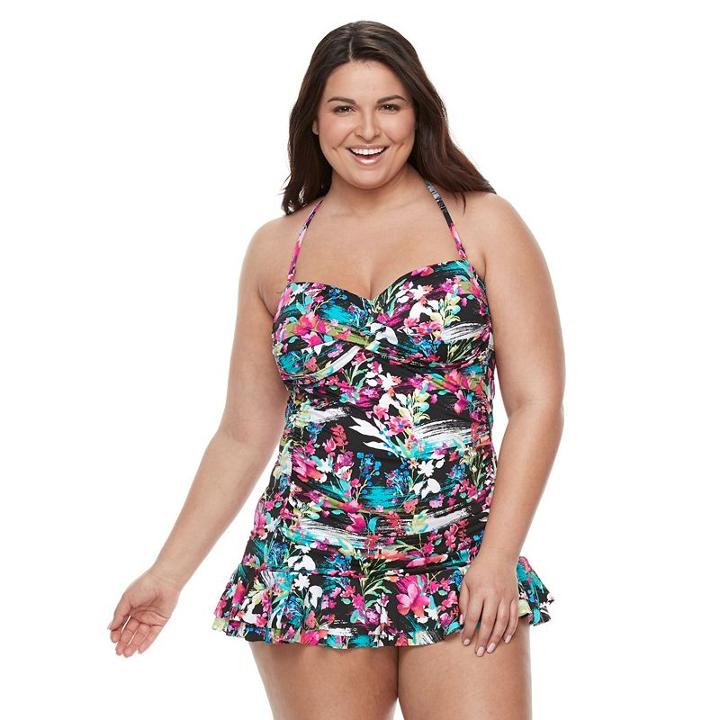 Plus Size Apt. 9&reg; Print Twist-front Swimdress, Women's, Size: 2xl, Black