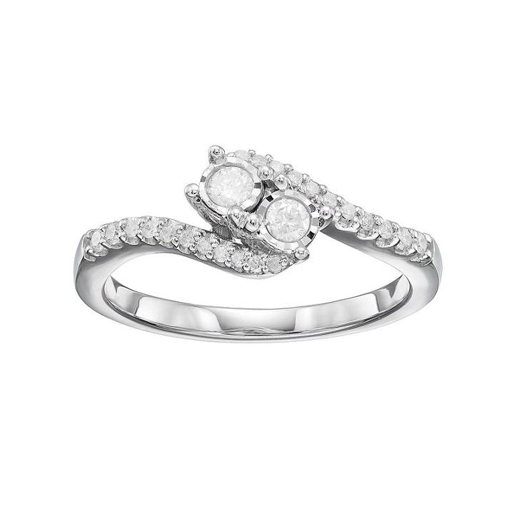 Sterling Silver 1/4 Carat T.w. Diamond 2-stone Bypass Engagement Ring, Women's, Size: 8, White
