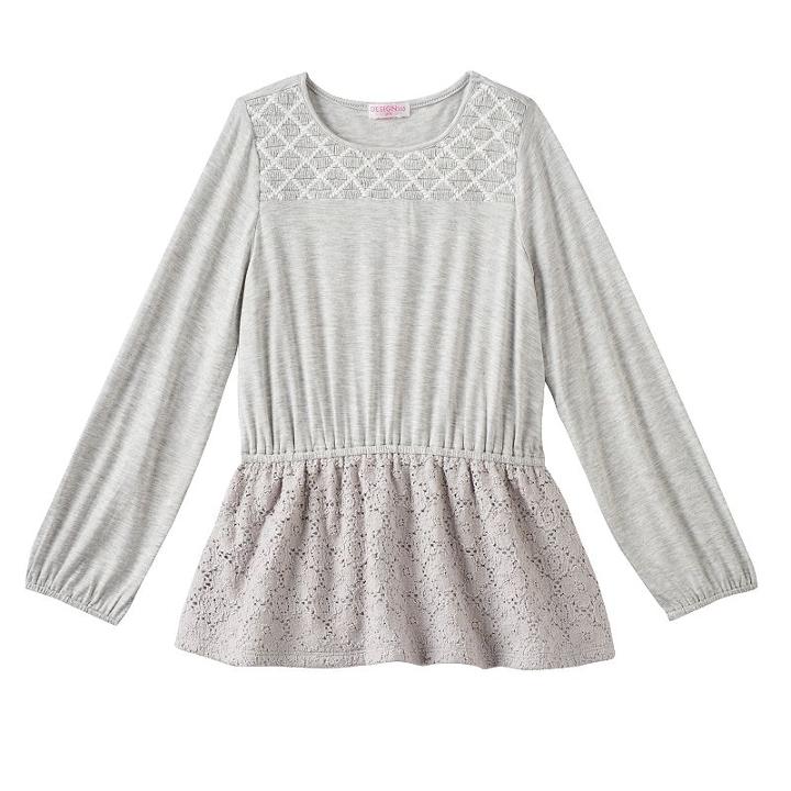 Girls 4-6x Design 365 Criss-cross Stitched Yoke Long Sleeve Tunic, Size: 6, Grey Other