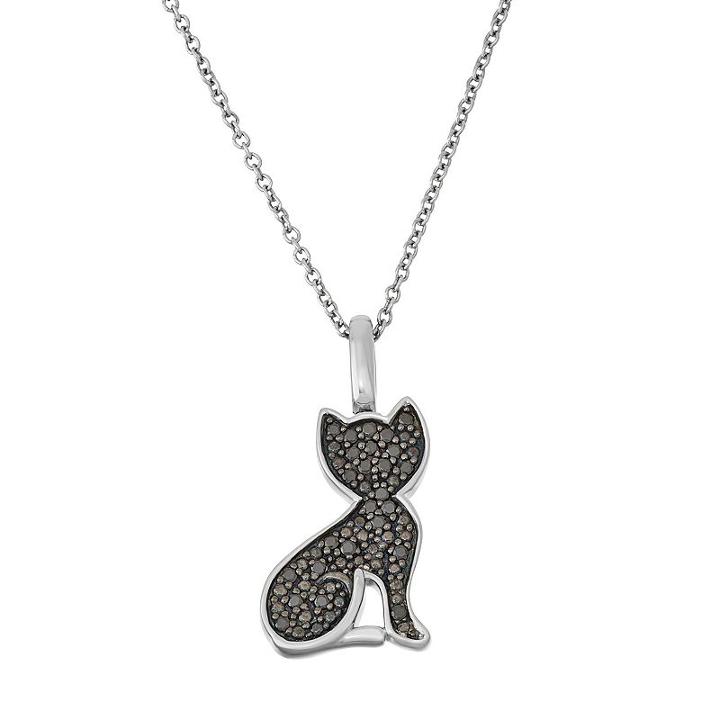 Sterling Silver 1/4 Carat T.w. Black & White Diamond Cat Pendant Necklace, Women's