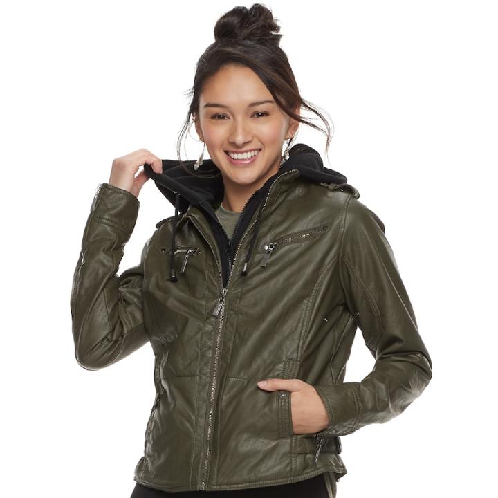 Juniors' J-2 Sherpa-lined Faux Leather Jacket, Teens, Size: Large, Dark Green