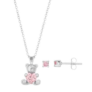 Lulabelle Kids' Cubic Zirconia Teddy Bear Pendant & Stud Earring Set, Women's, Pink