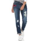 Juniors' Almost Famous Floral Applique Ripped Jeans, Teens, Size: 11, Dark Blue