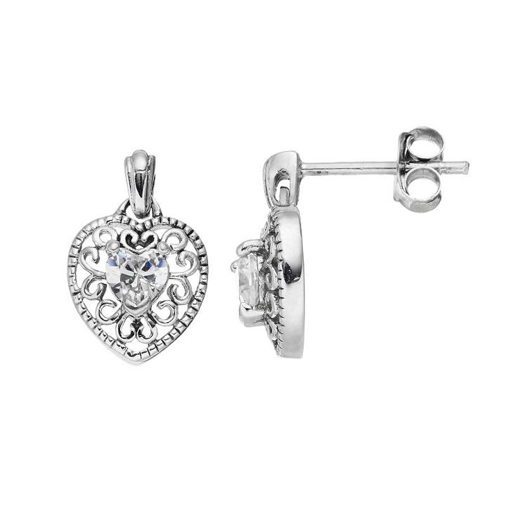 Sterling Silver Cubic Zirconia Filigree Heart Drop Earrings, Women's