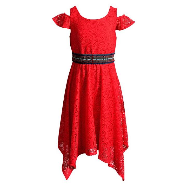 Girls 7-16 Emily West Crochet Lace Cold Shoulder Handkerchief Hem Belted Dress, Girl's, Size: 12, Light Pink