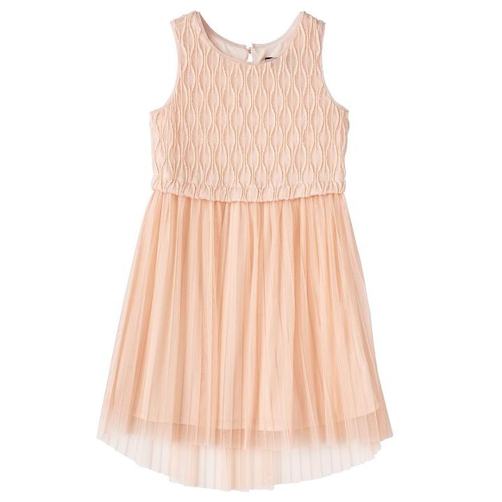 Girls 7-16 Three Pink Hearts Textured Bodice Pleated Tulle Dress, Girl's, Size: 8, Light Pink