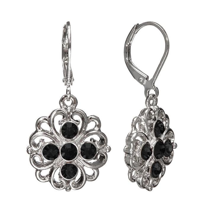 1928 Simulated Crystal Flower Drop Earrings, Women's, Black