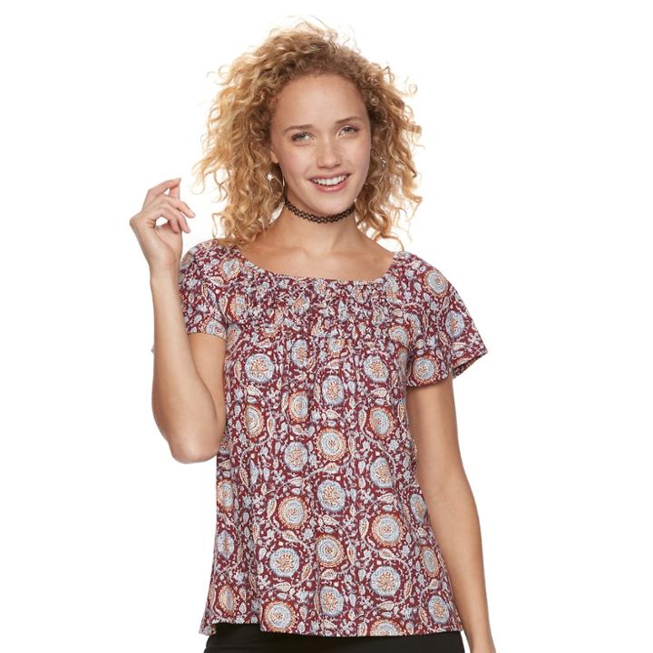 Juniors' Trixxi Print Ruched Tee, Teens, Size: Medium, Dark Red